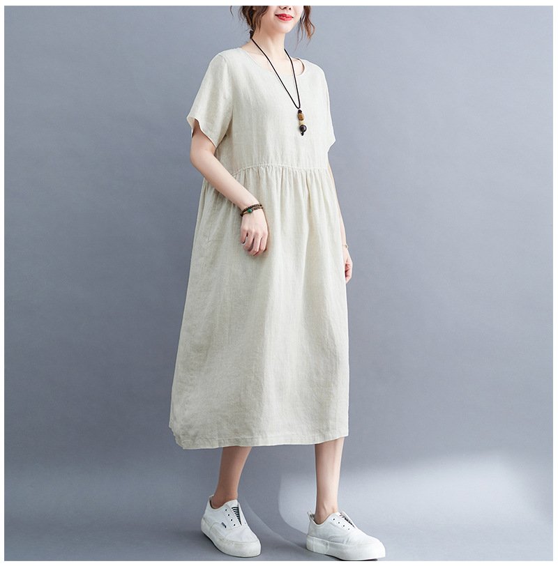 Đầm Suông Cổ Tròn Tay Cộc Dáng Dài Chất Đũi Mềm Mại Haint Boutique