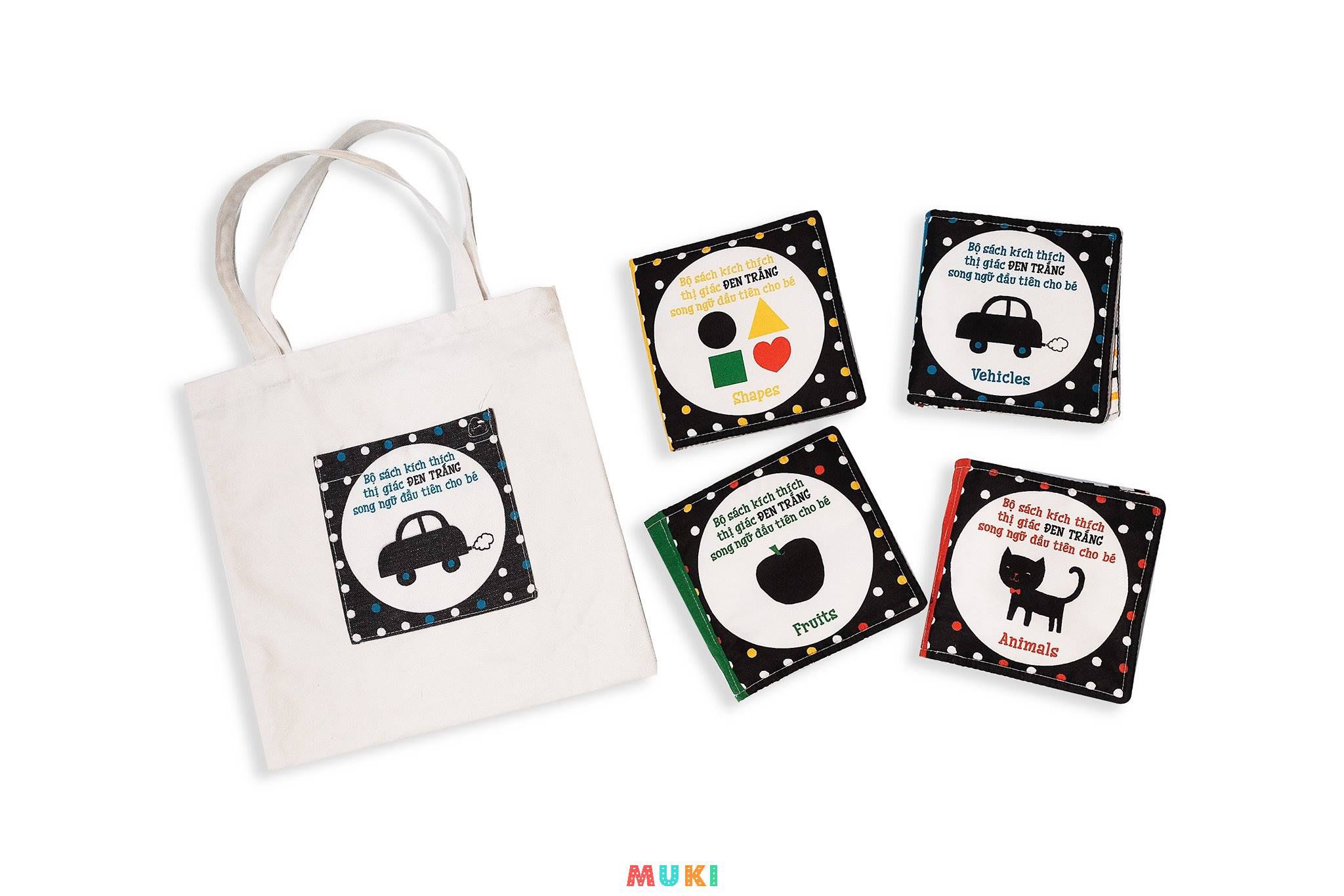 Combo sách vải My First Baby Book ( 4 cuốn) &amp; Black &amp; white (3 cuốn) - Tặng túi vải và tranh decal kích thích thị giác: đen