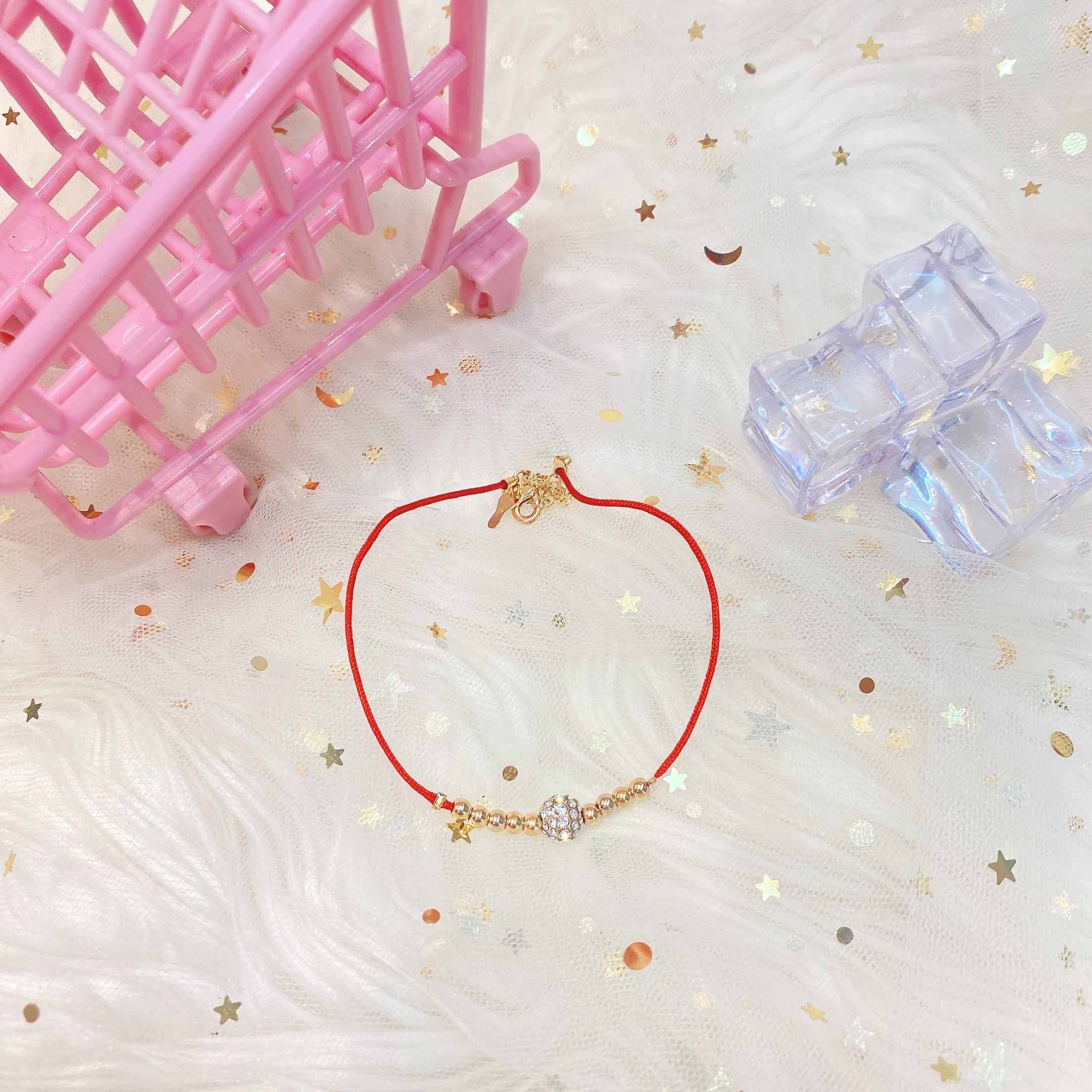 Lắc chân nữ thời trang dây đỏ kiểu hình tròn đính hột kèm bi cực xinh - 250LCBIHTR01