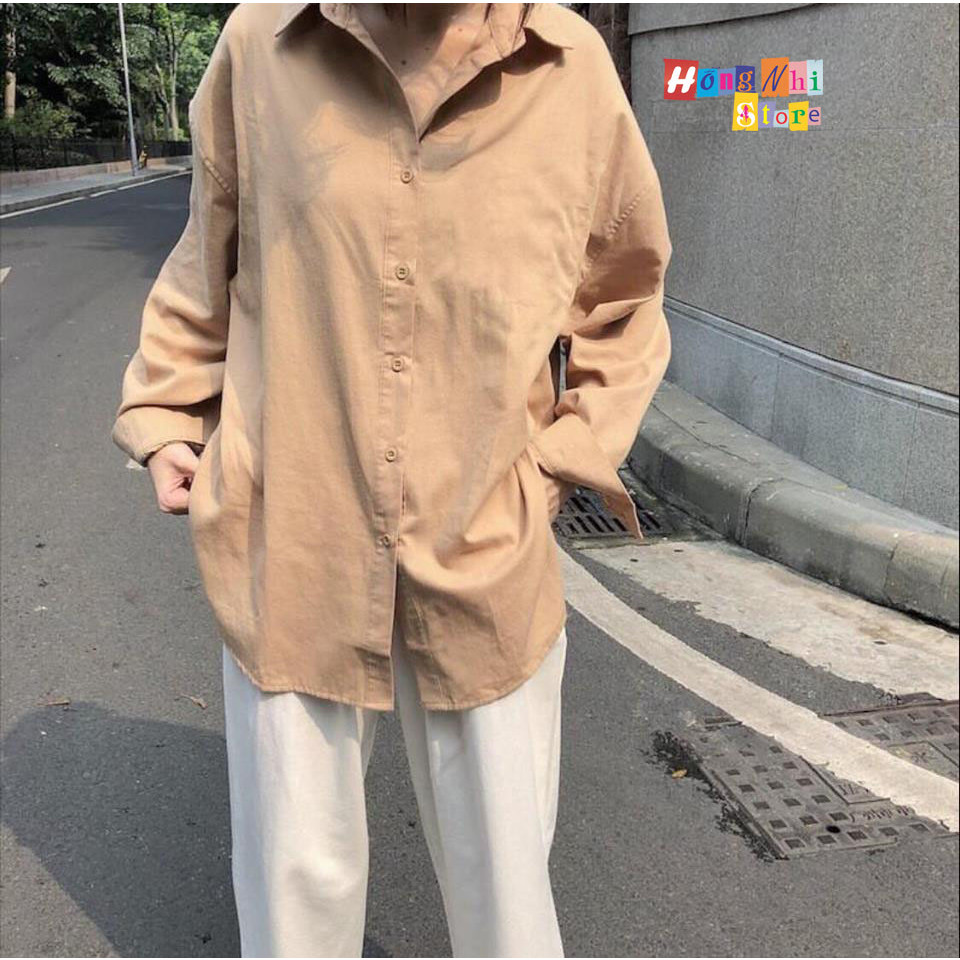 Sơ Mi Trơn Dáng Rộng Basic Unisex Tay Dài Màu Tan - MM