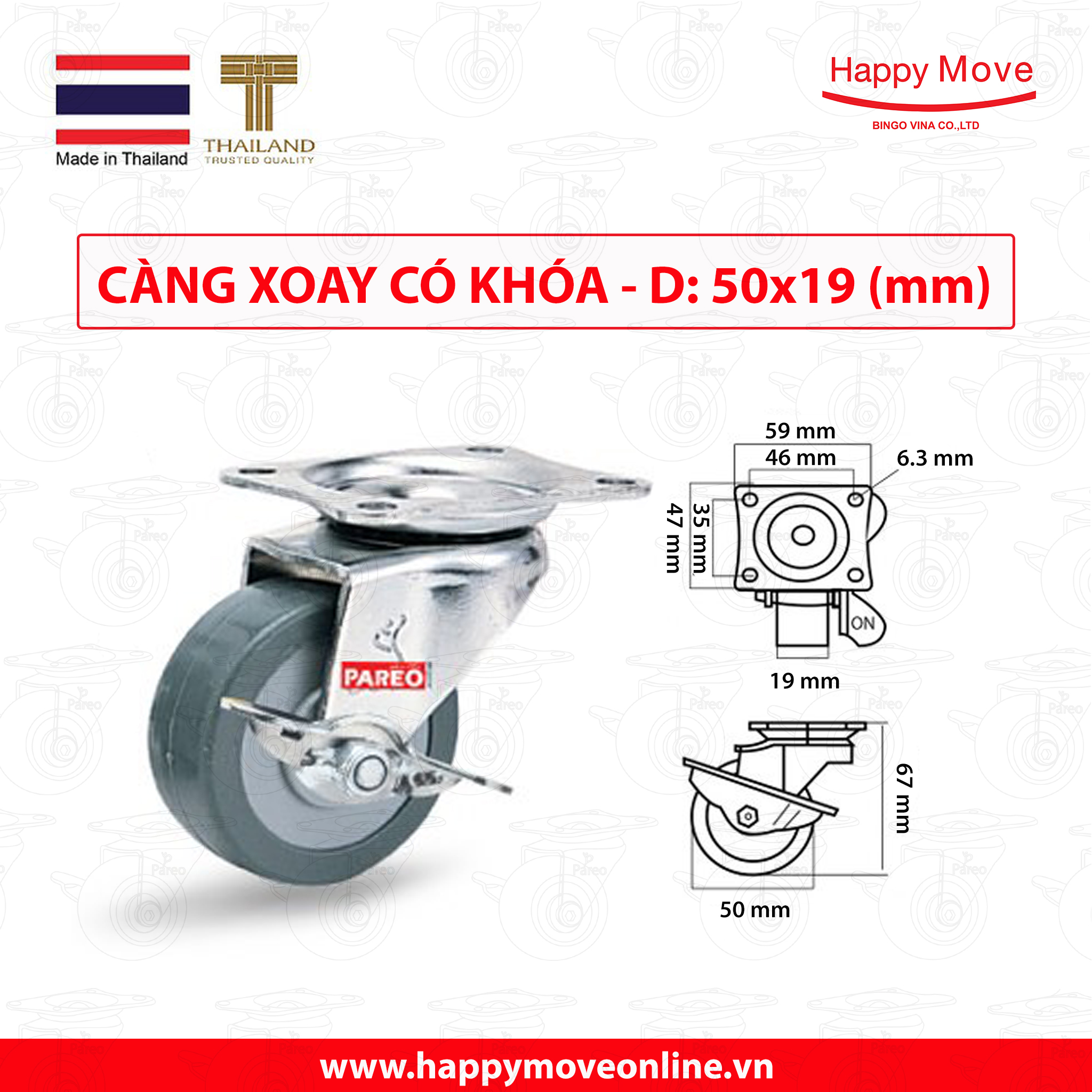 Bánh xe đẩy cao su tổng hợp xám tải nhẹ càng xoay khóa - 50-65-75mm - Happy Move Thái Lan