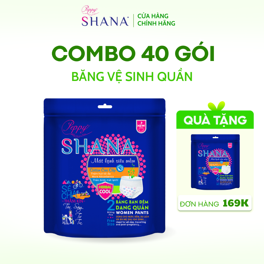 Combo 40 Gói Băng Vệ Sinh Quần Peppy Shana Ngày Đêm Siêu Thấm, Freesize, Chống Tràn Tối Đa, Tiết Kiệm 80 Miếng
