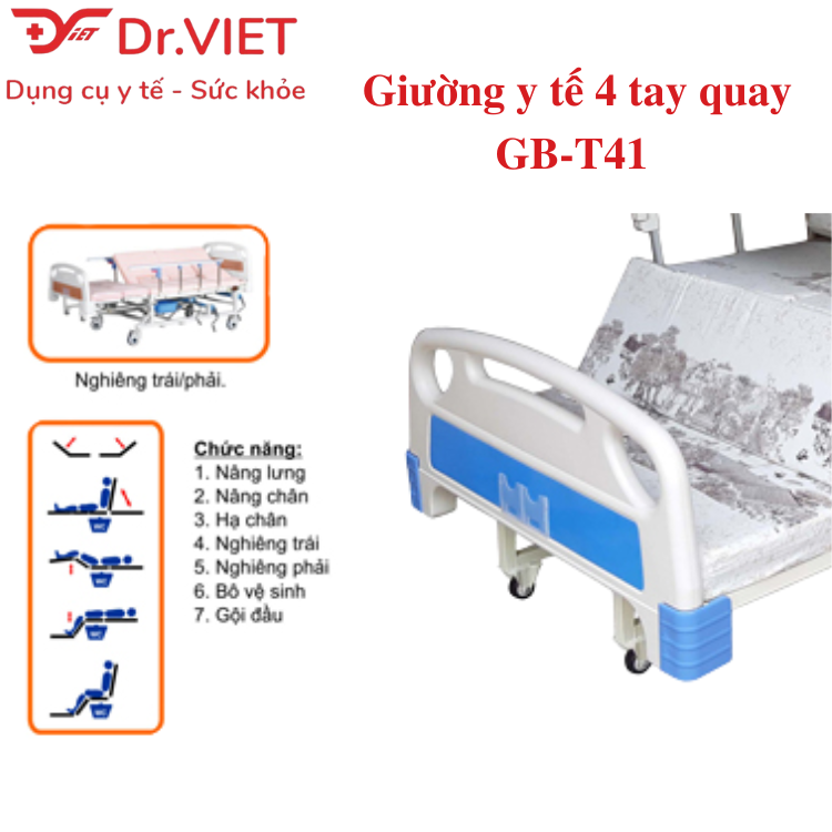 Giường bệnh nhân đa năng 4 tay quay Lucass GB-C41 (GB-T41) Chính hãng - Nâng chân, nghiêng lưng, nâng đầu, có bô vệ sinh, chậu gội đầu