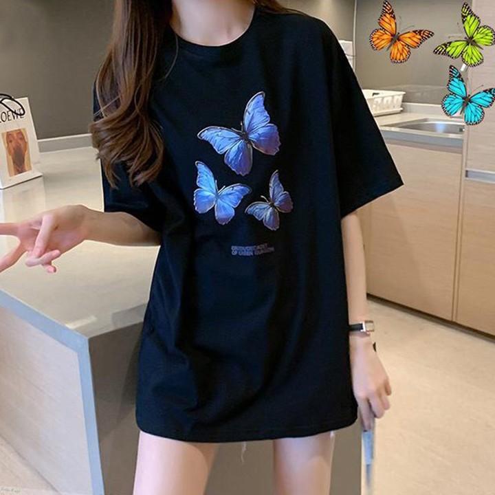 Áo Thun Nữ Unisex Tay Lỡ Màu Đen Hình Con Bướm Xanh ATN6149