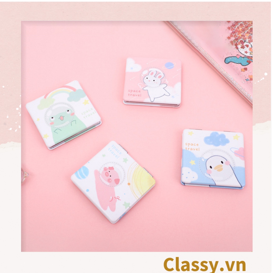 Gương trang điểm cầm tay mini 2 mặt bỏ túi, Gương cầm tay mini Hàn Quốc siêu cute, Gương hoạt hình PK570