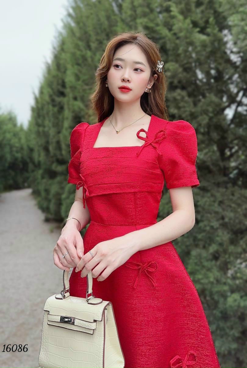 Đầm váy nữ dự tiệc đám cưới màu đỏ tay bồng cổ vuông trẻ trung nhẹ nhàng
