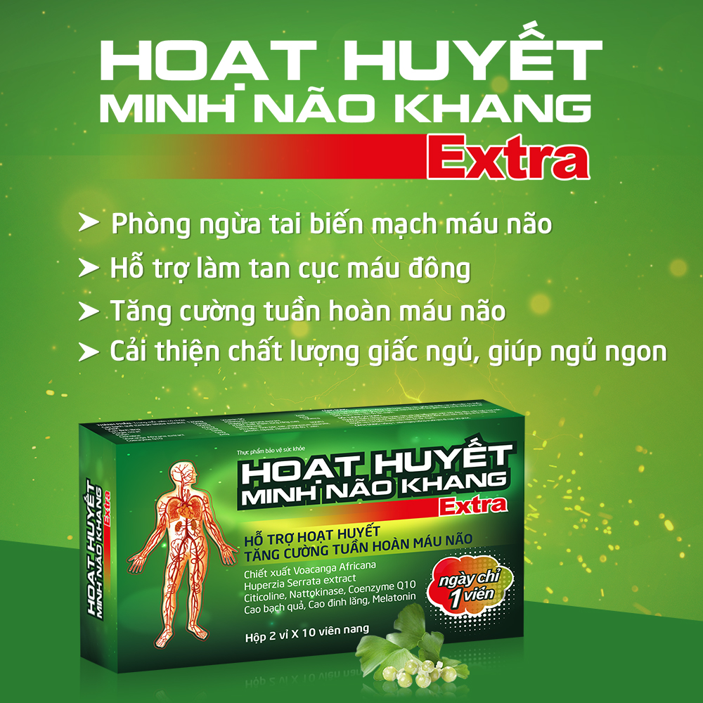 Hoạt Huyết Minh Não Khang Extra Hỗ Trợ Hoạt Huyết, tăng Cường Tuần Hoàn Máu Não Hộp 2 Vỉ x 10 Viên Nang