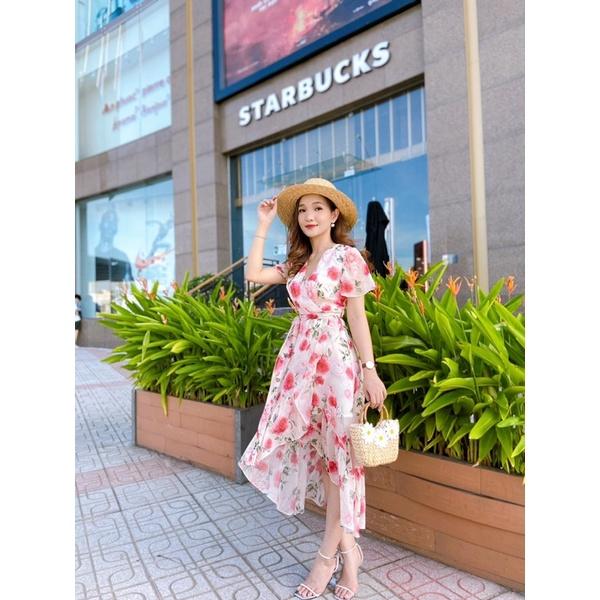 Váy thiết kế cổ V hoa hồng - 22CHIC