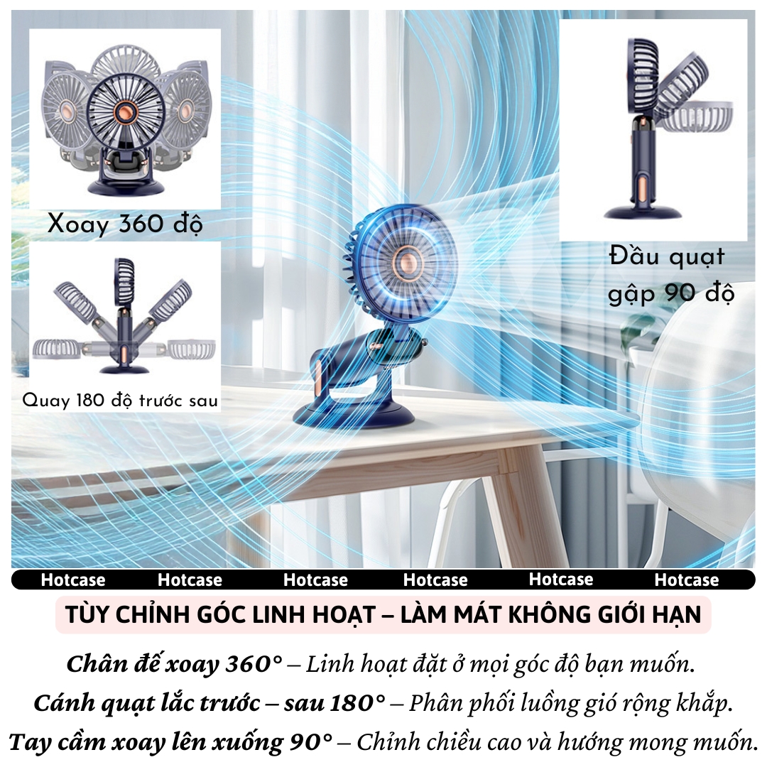 Quạt Cầm Tay, để bàn, gắn tường Turbo công suất cao hiệu HOTCASE Swivel Pin 4000mAh,Đèn Led hiển thị, 05 Cấp Độ Gió, Gió Mạnh, Êm, Pin Khủng, Siêu Nhỏ Gọn, tích điện sạc, mini cầm tay - Hàng nhập khẩu