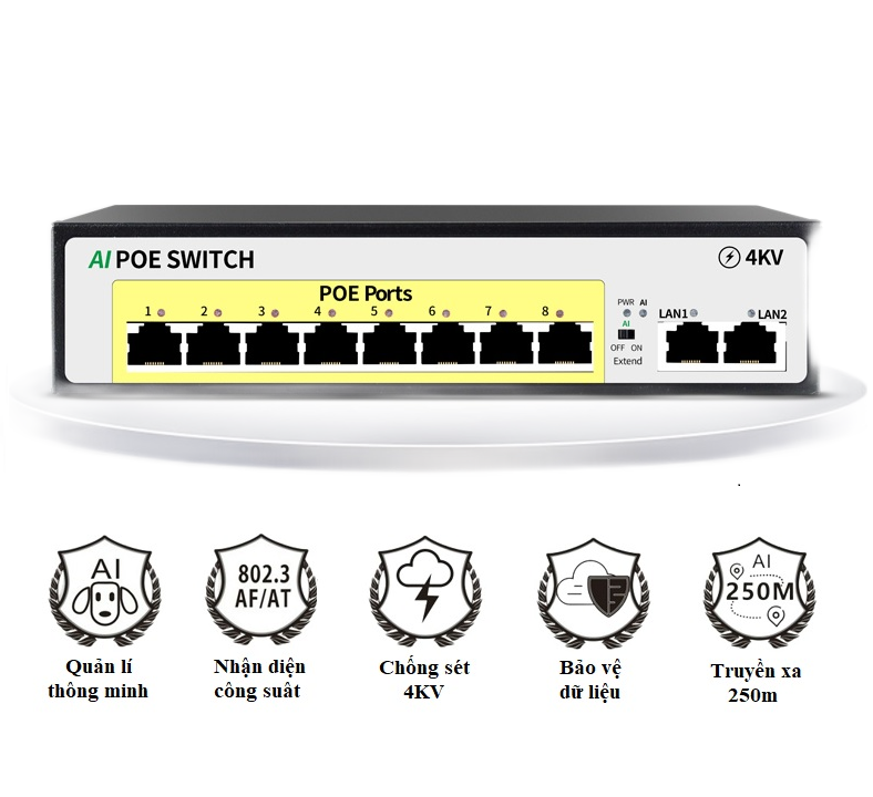 Bộ chia mạng Switch POE SmartAI 4 - 6 cổng 2 port uplink - chống sét