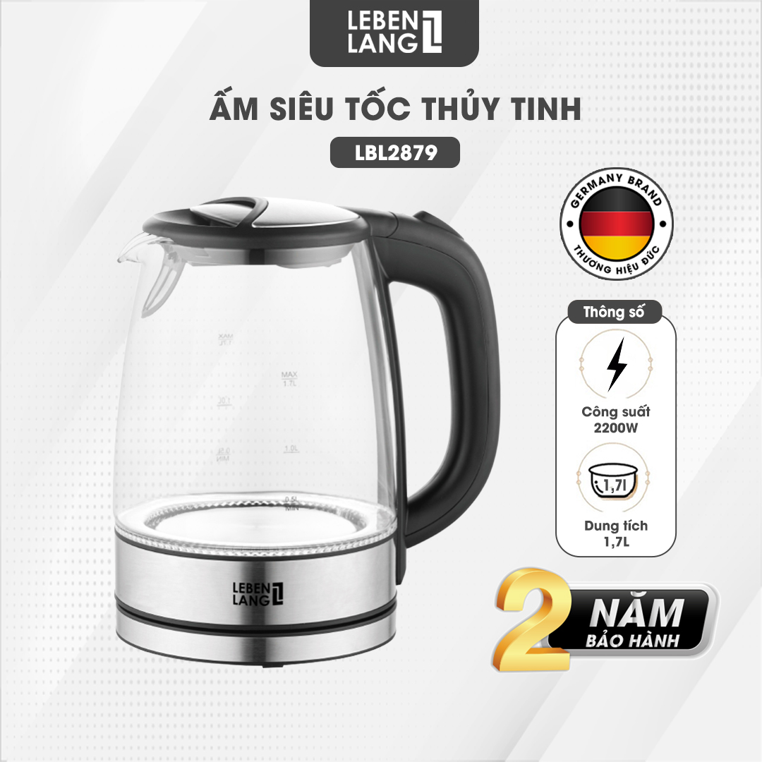 Ấm siêu tốc LEBENLANG LBL2879 bằng thủy tinh chịu nhiệt, dung tích 1700ml, công suất 2200W, bảo hành 2 năm - hàng chính hãng