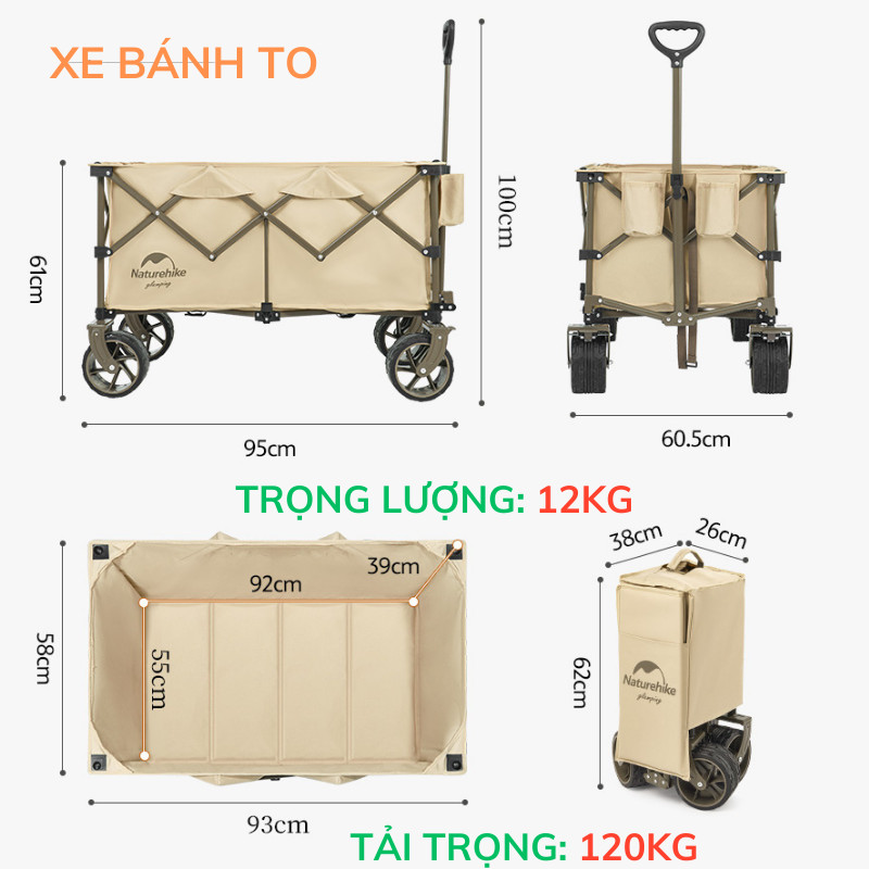 Combo xe kéo gấp gọn 4 chiều TC02 NatureHike NH20PJ005 kèm mặt bàn nhôm vân gỗ