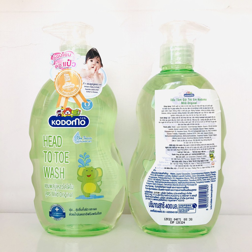 Dầu tắm &amp; gội Kodomo Original 400ml - Cho bé từ 0+ Không có cồn, Không chất tạo mùi, không gây dị ứng, Không cay mắt