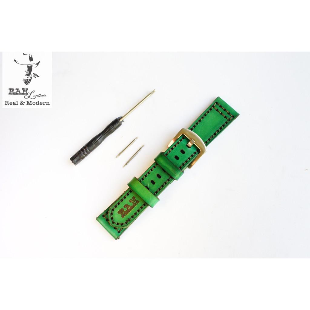 Dây đồng hồ da bò vegtan thảo mộc Ý nhuộm màu thủ công bền chắc - RAM Leather Pilot xanh rêu