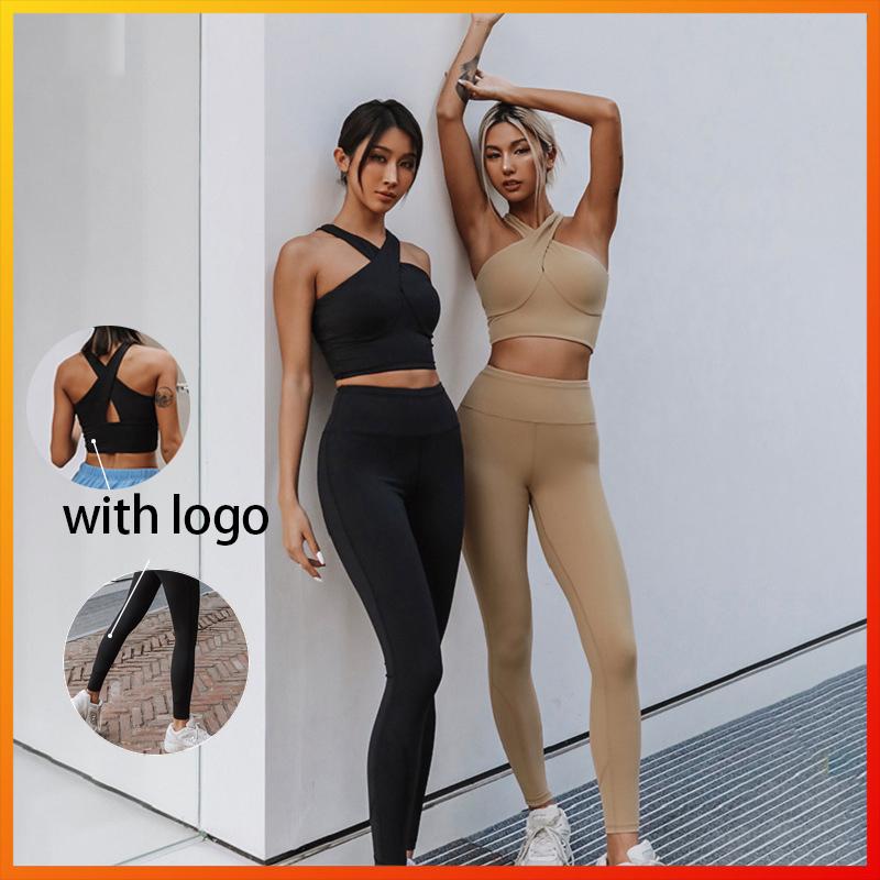 Bộ đồ thể thao 2 mảnh của phụ nữ với logo hai mảnh Yoga Set Fitness Chạy bộ Yoga Bộ đồ liền mạch Front Cross Bra Sexy Color: Black suit Size: L