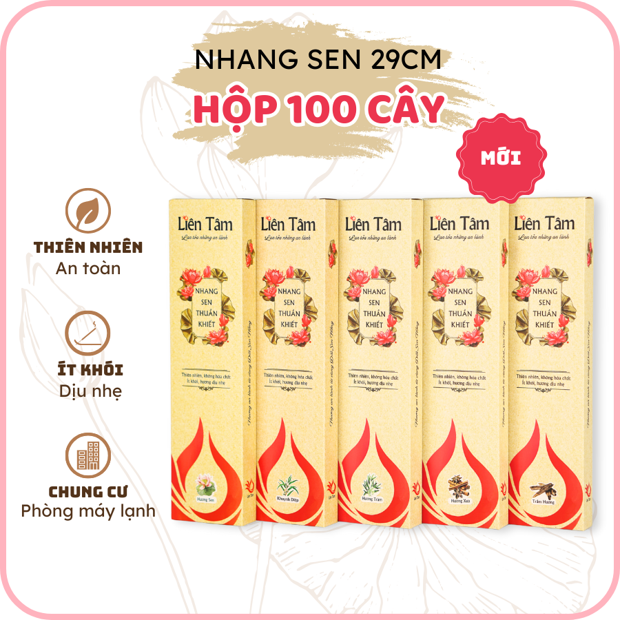 Nhang sạch Liên Tâm 29cm Hộp 50 cây - Ít khói, nhang sen 100% từ thiên nhiên, trầm hương nguyên chất, khuynh diệp, sả chanh