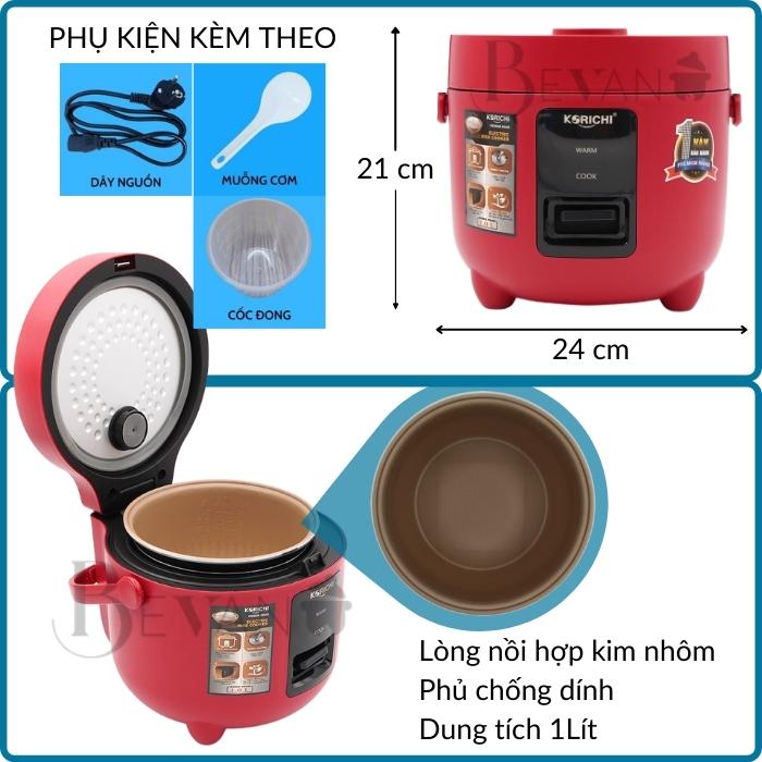 Nồi cơm điện mini cơ hàng chính hãng Korichi KRC-1810 Bevano giữ ấm 12 giờ, nồi cơm 1L, lòng nồi không dính đa năng tiết kiệm năng lượng, công nghệ Hàn Quốc, giá tốt