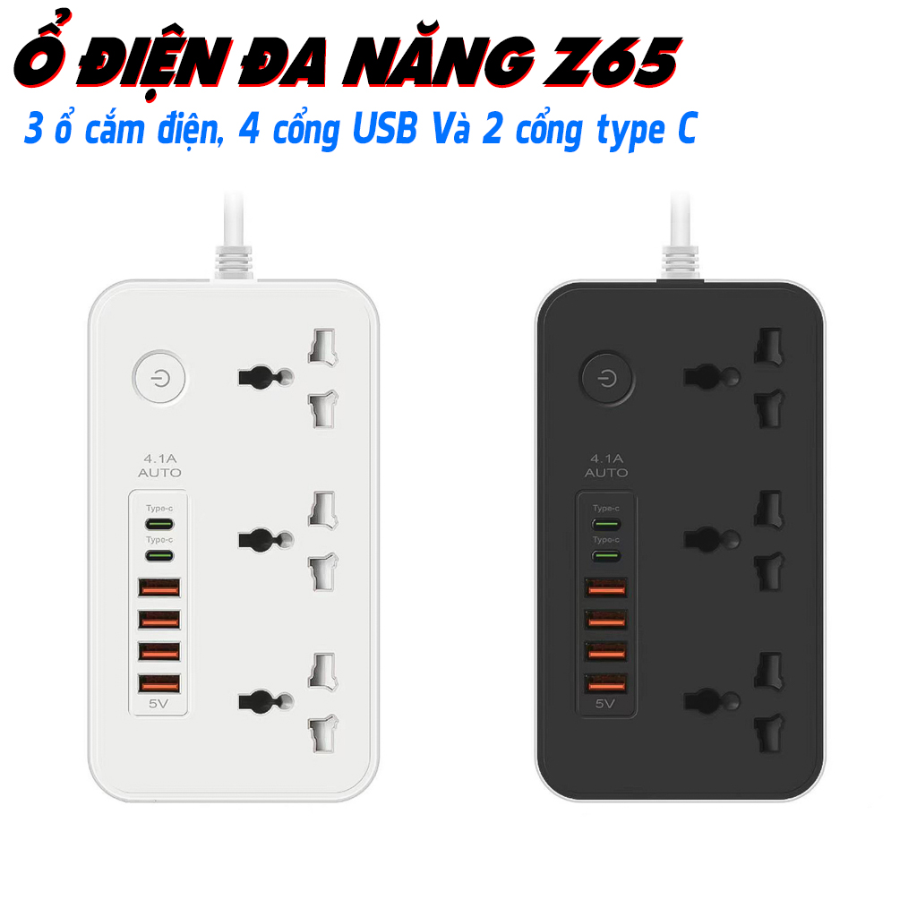 Ổ điện đa năng Vinetteam Power Socket Z65 an toàn chống cháy nổ - Ổ cắm điện thông minh hỗ trợ sạc nhanh - hàng chính hãng