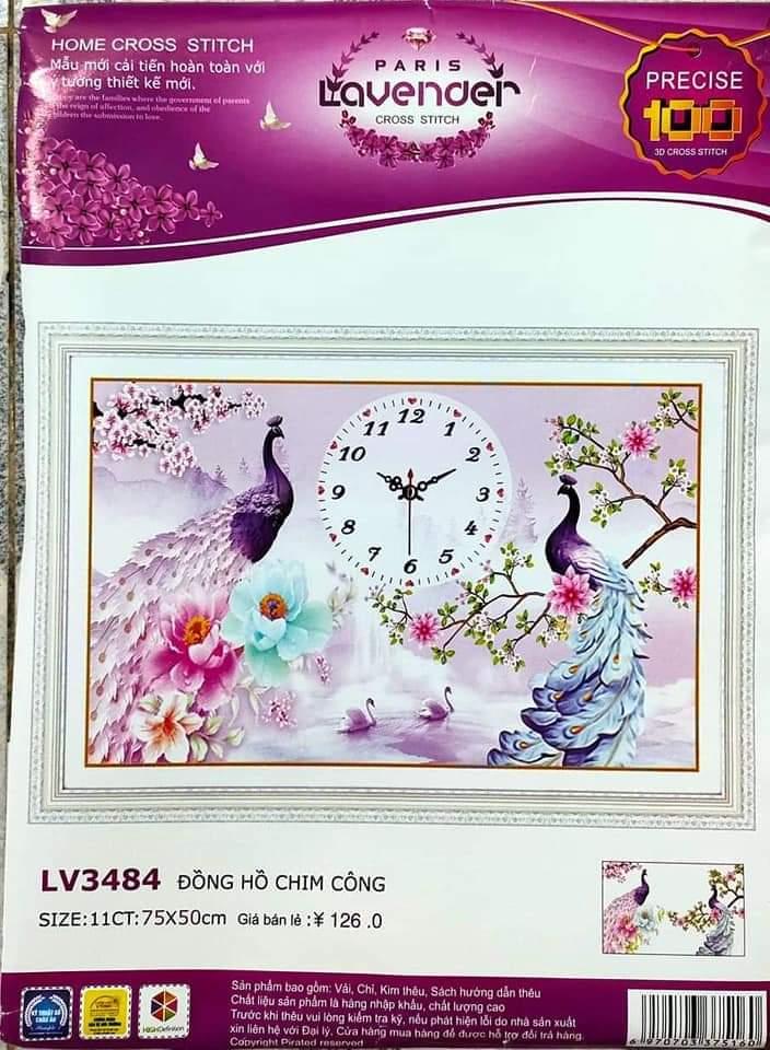 Tranh thêu chữ thập đôi công đồng hồ LV3484 - kích thước 75 * 50