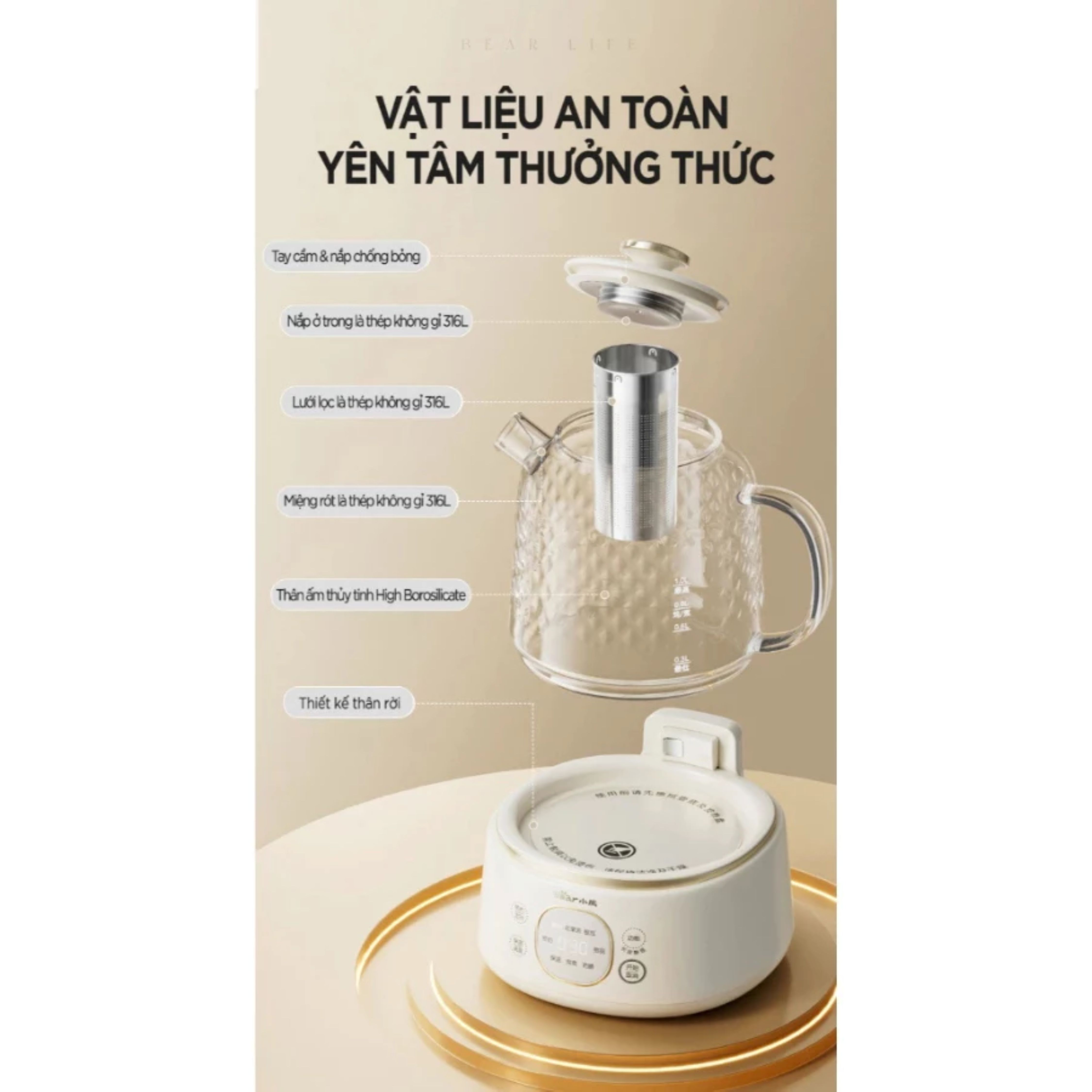 Ấm Đun Thủy Tinh 1L BEAR HLP-105W (YSH-J10D1) - 800W, Pha Trà, An Toàn Tiện Lợi - Hàng Chính Hãng
