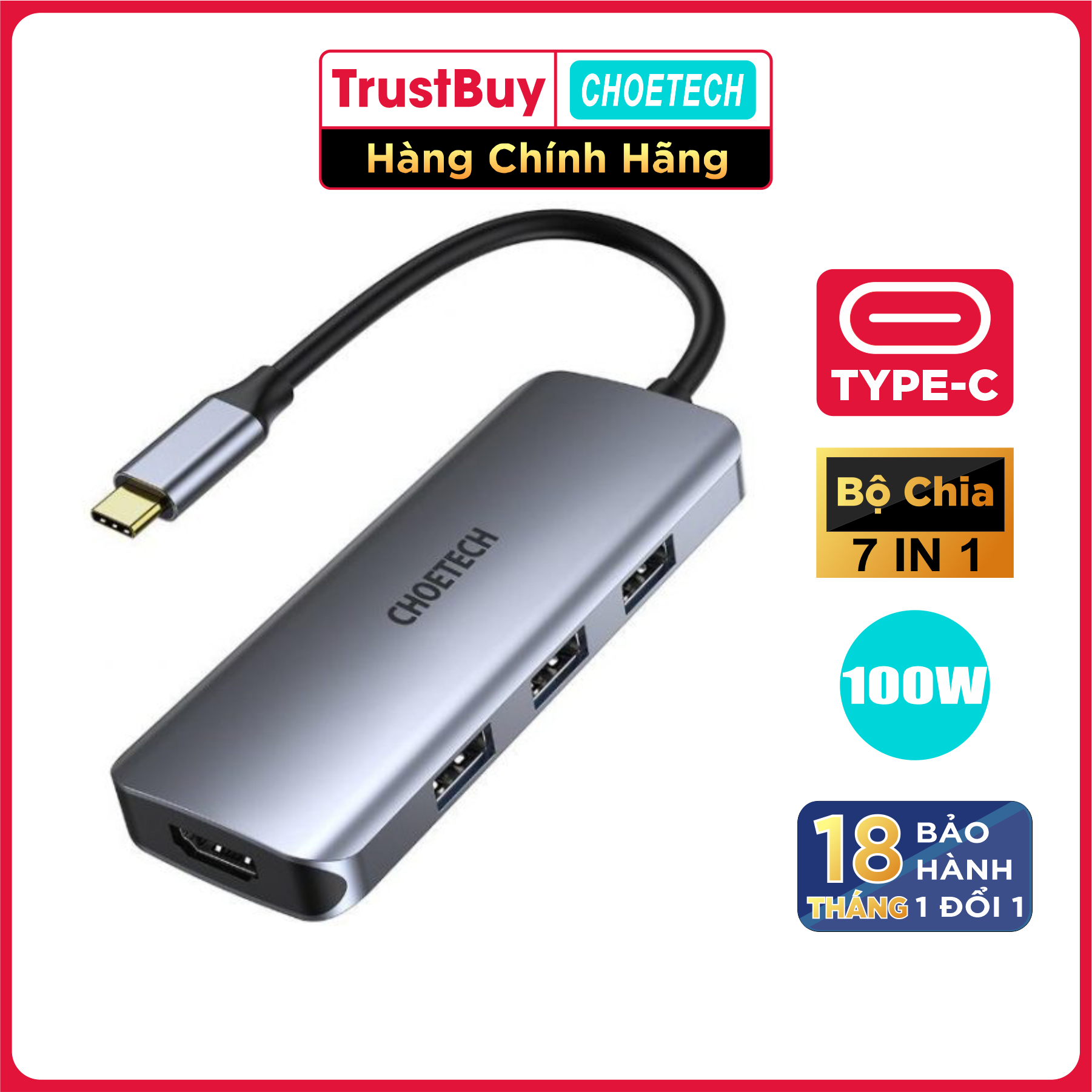 Hub Chuyển Đổi Type C To HDMI 4K, Type C 100W, 3 USB 3.0, SD/TF (7 trong 1) CHOETECH HUB-M19 - Hàng Chính Hãng