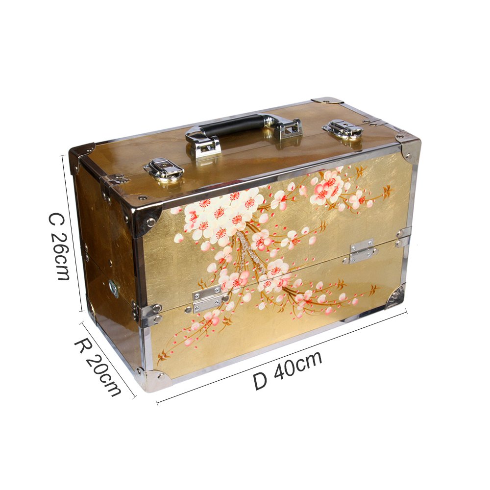 Cốp sơn mài cao cấp Hana đựng mỹ phẩm, đồ phun xăm, nail, nối mi sơn mài dát vàng cẩn vỏ trứng, họa tiết vẽ tay cao cấp, viền khung nhôm chắc chắn, bọc góc inox size 40x20x26 cm