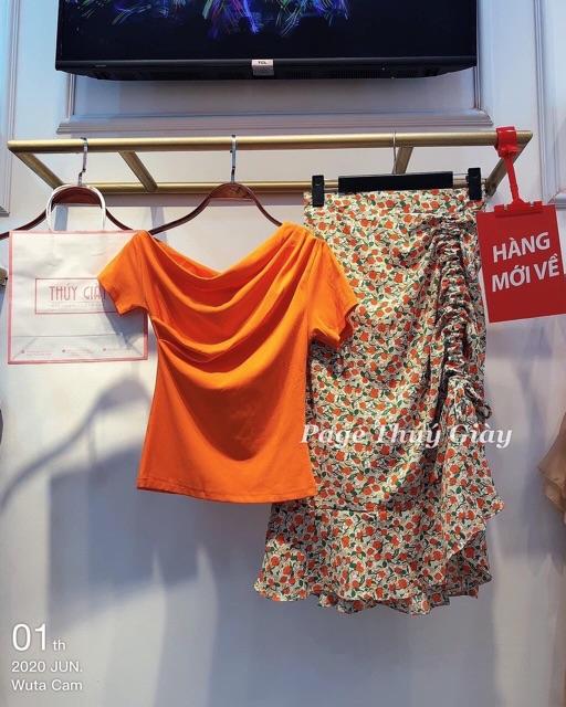 Set áo thun lệch vai chân váy hoa