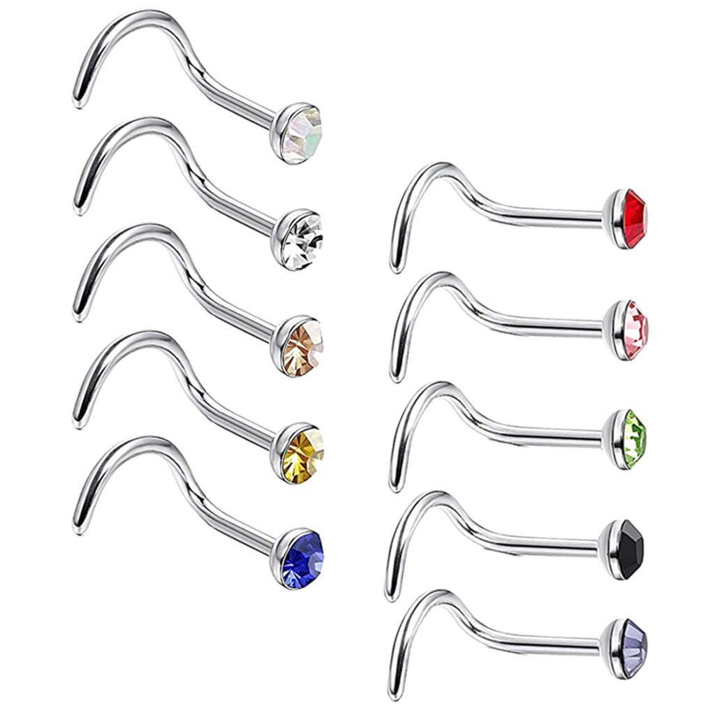 2-7pack 10pcs Rhinestone Stainless Steel Screw Shape Nose Studs Rings 20g