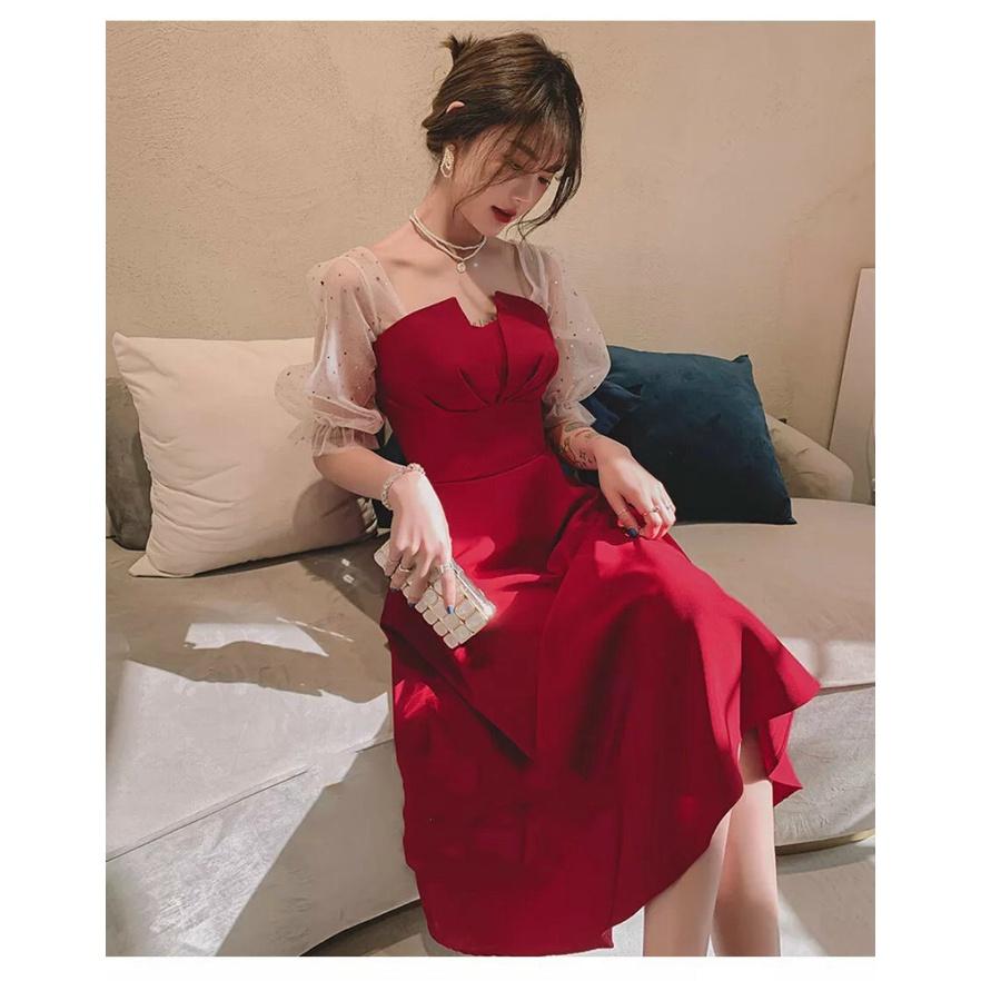 Gunkaymatter Đầm Nữ Dạ Hội Phong Cách Tiểu Thư Xếp Ly Ngực Tay Phối Lưới Có Mút Ngực Phù Hợp Mọi Phòng Cách