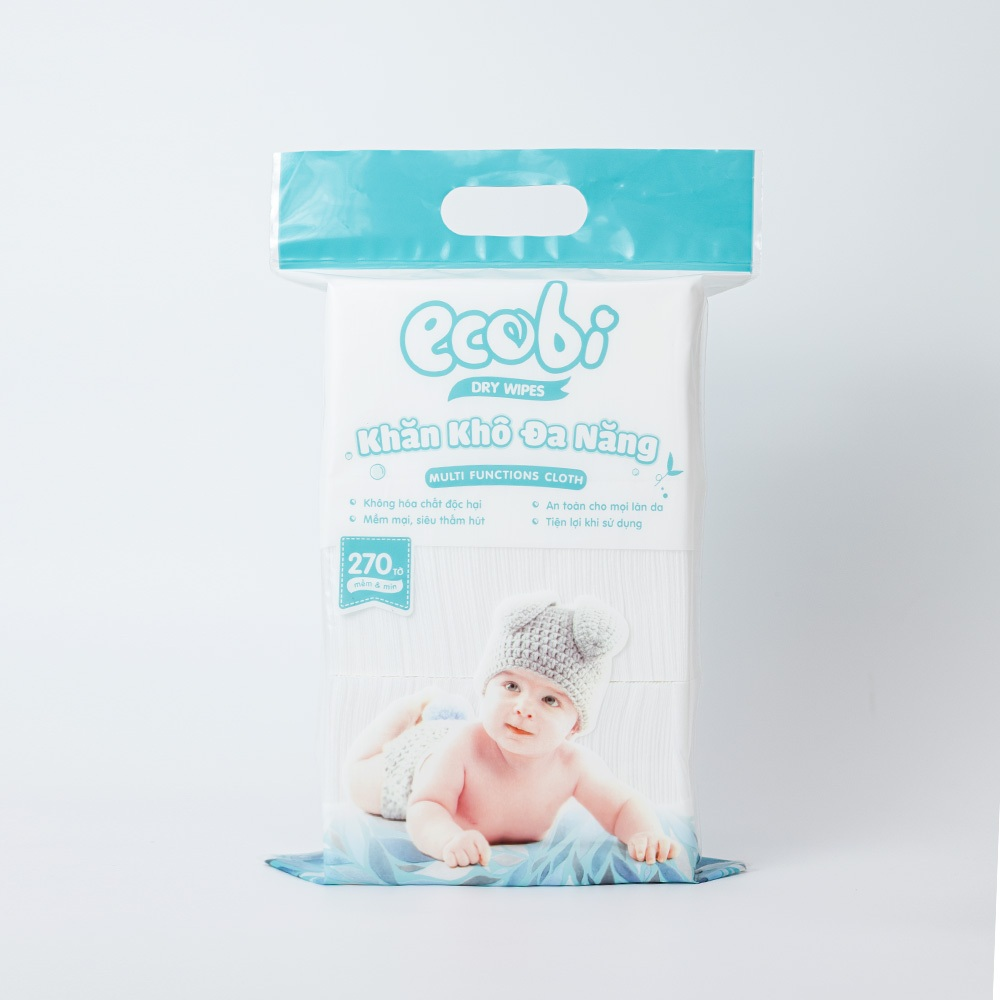 Thùng 05 túi khăn vải khô đa năng cho bé Ecowipes túi 270 tờ 345g mềm mịn dai thấm hút tốt