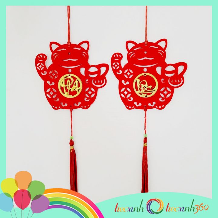 Cặp mèo Phát Lộc nỉ nhung đỏ treo trang trí Tết