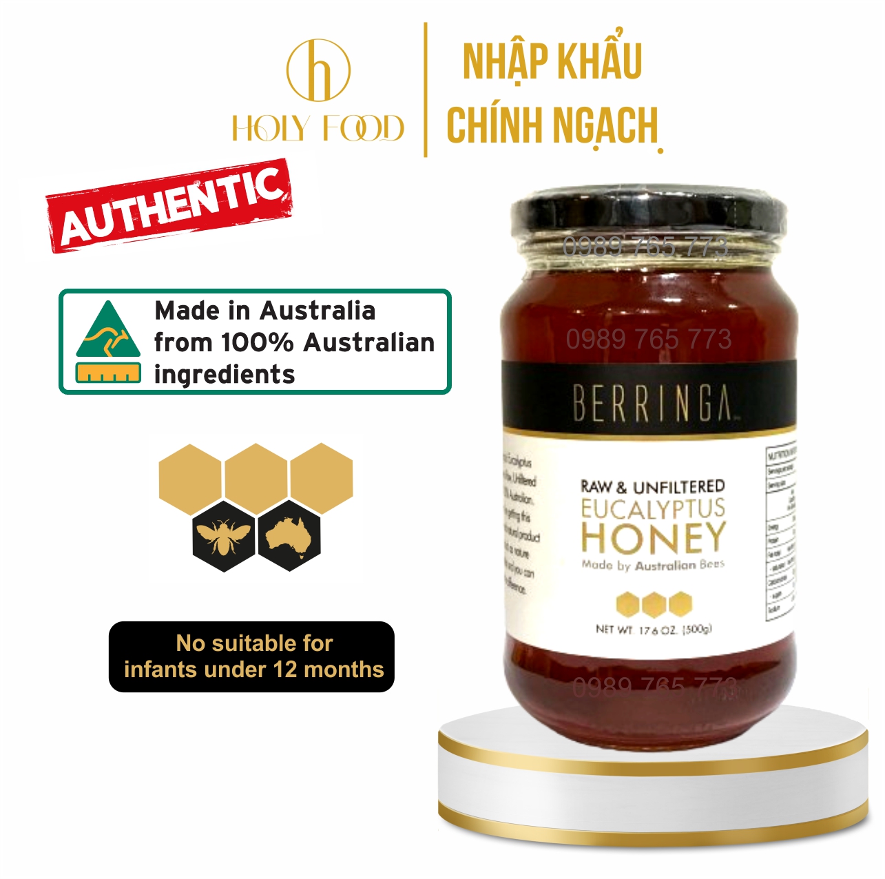 Mật Ong Tự Nhiên Berringa Raw & Unfiltered Eucalyptus honey 500g nhập khẩu chính hãng ÚC