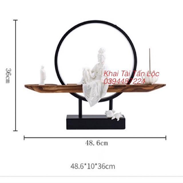 Tượng Quan Âm cầm ngọc như ý và kệ gỗ đèn led 10 món