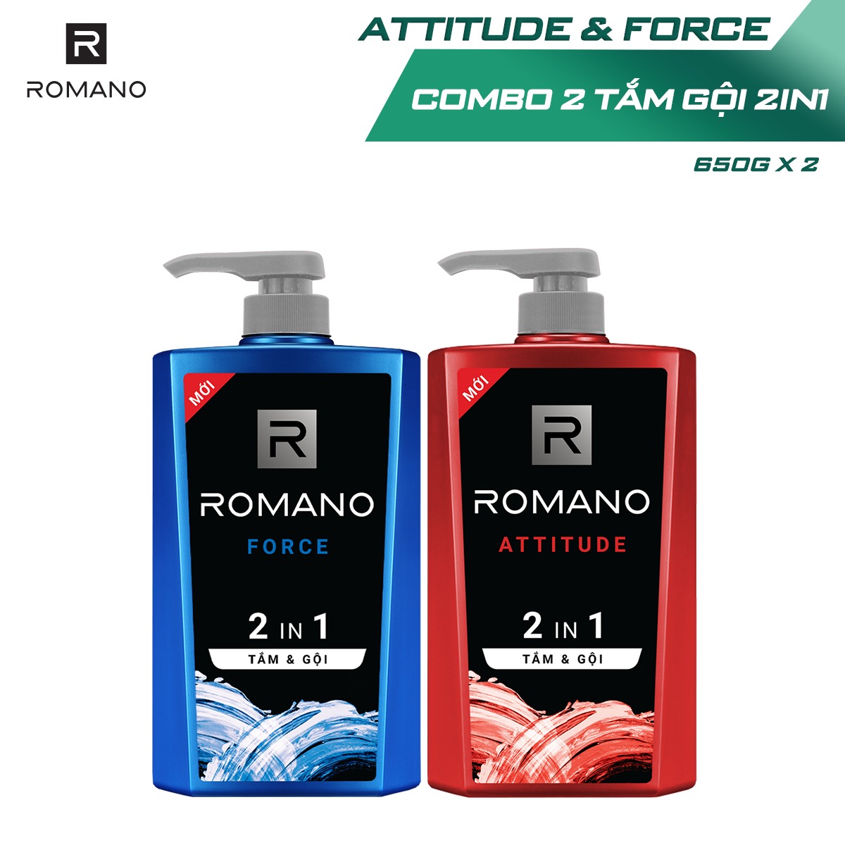 Combo 2 Tắm gội 2 trong 1 Romano Attitude &amp; Force 650g/chai