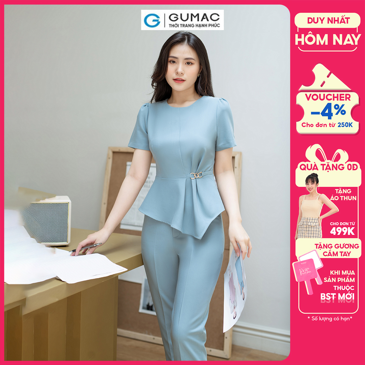 Áo kiểu dáng Peplum phối phụ kiện vải cotton lạnh GUMAC AD08036