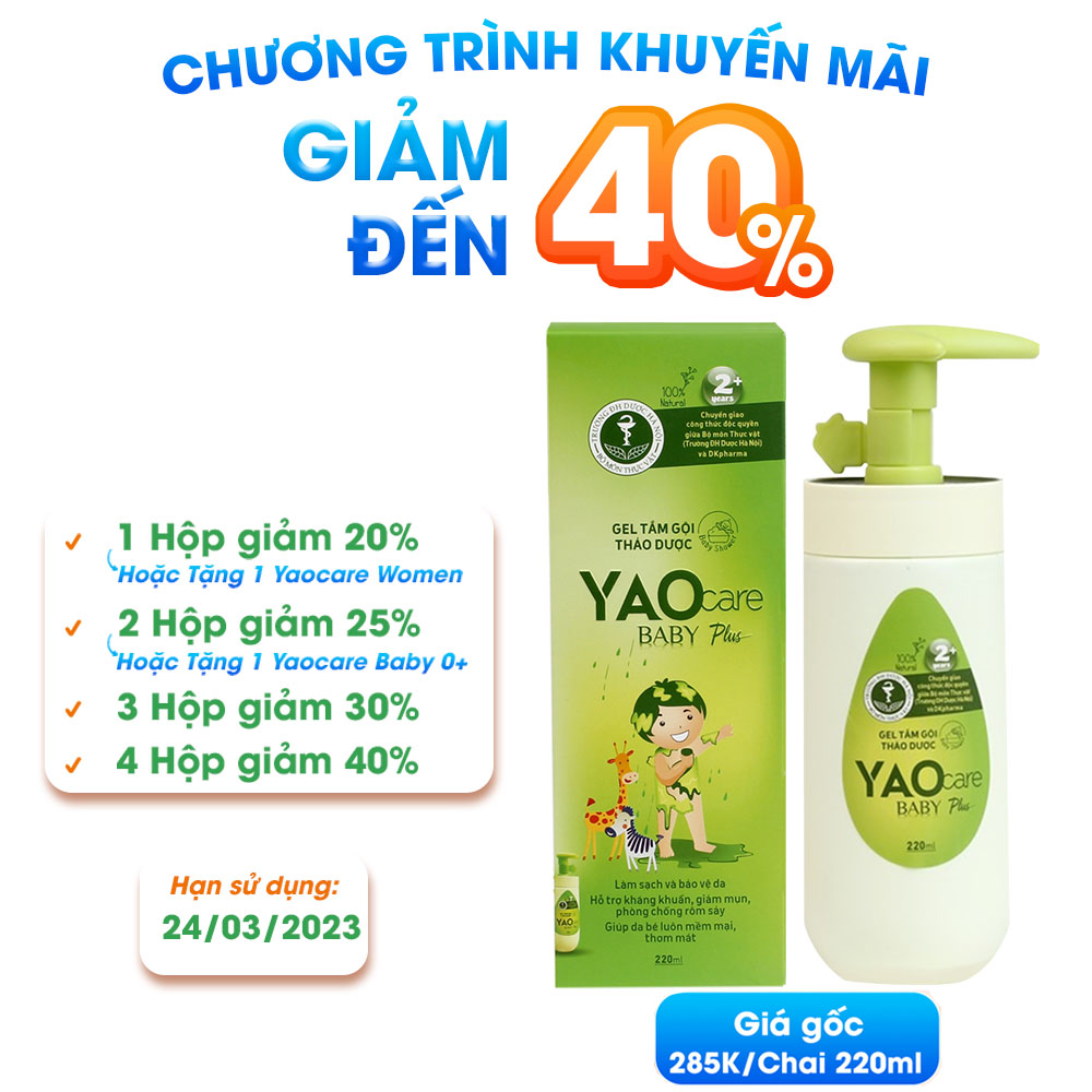 Gel tắm gội thảo dược DK Pharma Yaocare Baby Plus cho bé từ 2 tuổi - Chai 220ml - HSD 24/03/2023