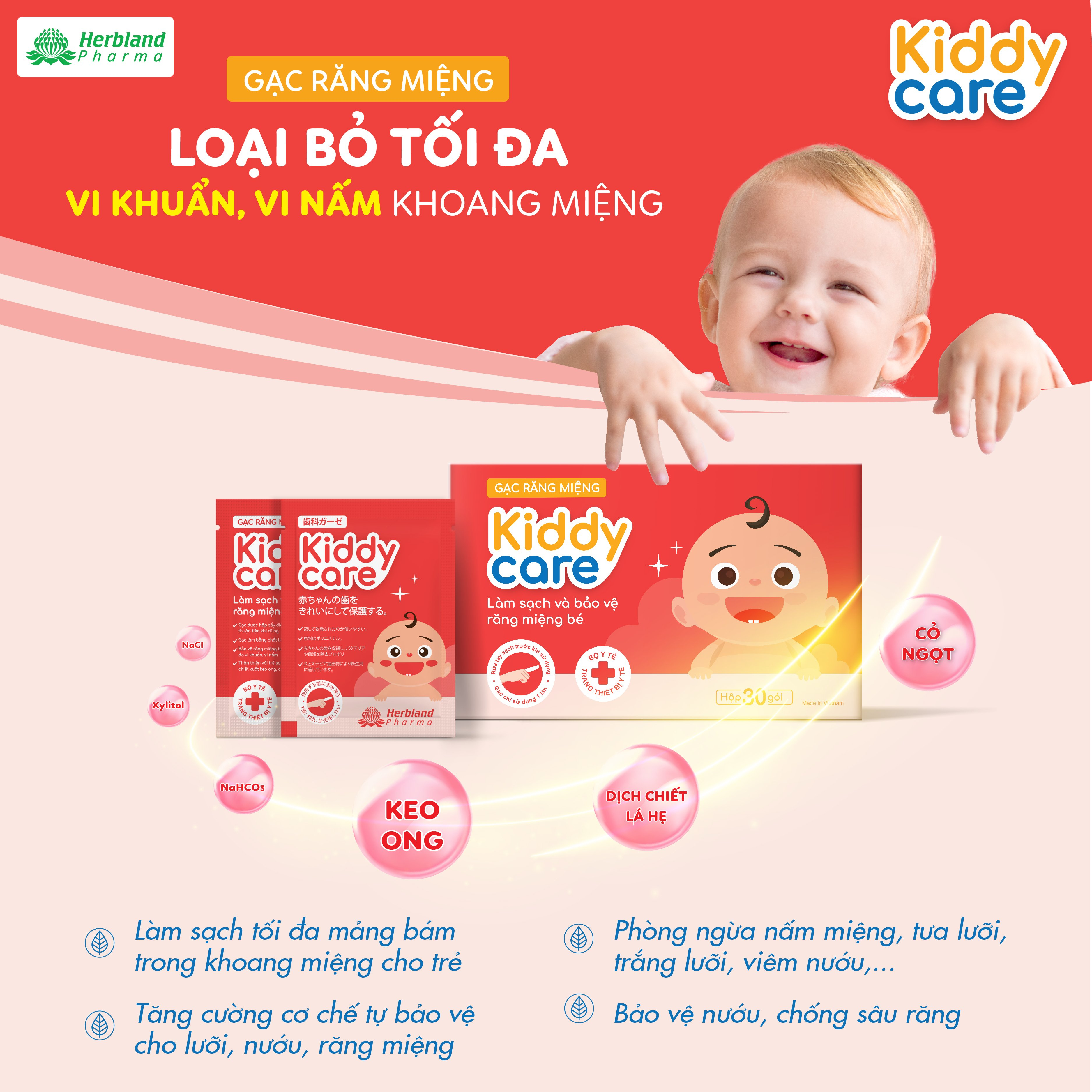 Gạc Rơ Lưỡi, Vệ Sinh Răng Miệng Cho Bé KIDDYCARE HERBLAND hộp 30 gói