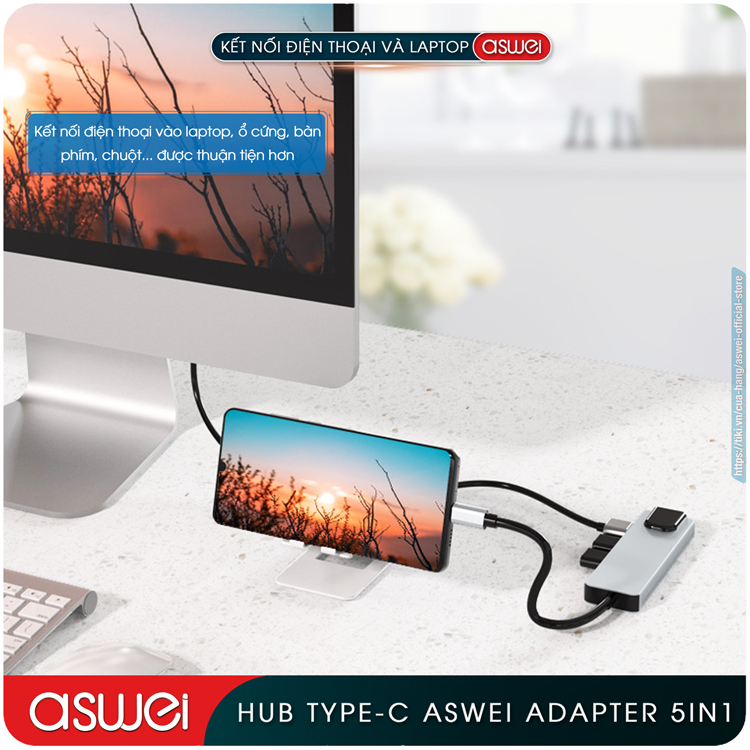 Hub Chuyển Đổi USB Type C ASWEI 5 in 1 To HDMI, USB 3.0, Lan, PD 100W - Hàng Chính Hãng