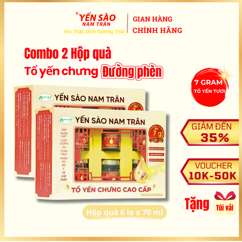 [Combo 2 Hộp] Yến Chưng Đường Phèn NAM TRÂN 7 gram Tổ Yến Tươi, Bồi bổ sức khoẻ. Hộp ( 6 lọ x 70 ml)