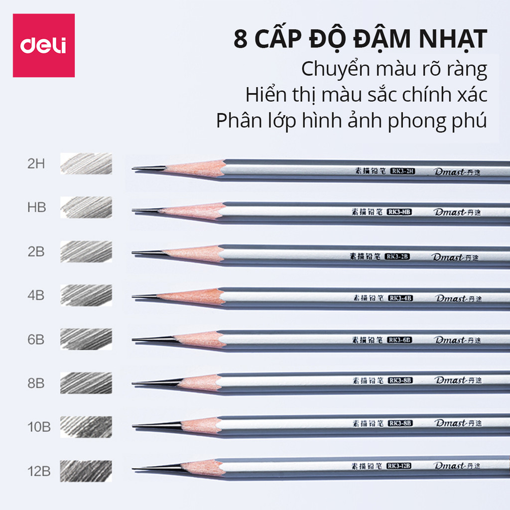 Bút Chì Phác Thảo Deli Phiên Bản Cao Cấp Dmast 2H, HB, 2B, 4B, 6B, 8B,10B,12B Vẽ Chuyên Nghiệp Chì Mềm Độ Đậm Chuẩn