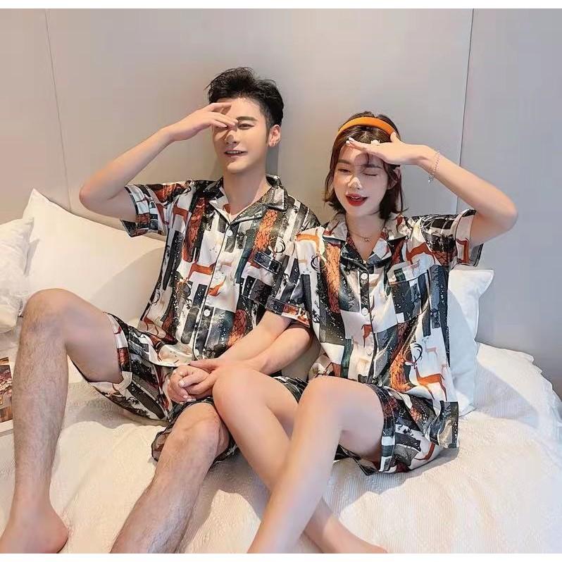 Bộ Đồ Ngủ Lụa Bóng Gợi Cảm Mặc Nhà Cho Cả Nam Và Nữ áo nữ đồ bộ pyjama pijama Đồ ngủ đôi đồ mặc nhà thu đông lụ