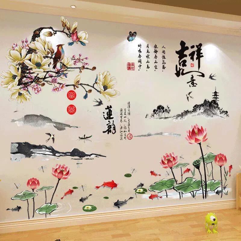 Decal dán tường Mẫu đơn chim én và sen phong thủy - HP500