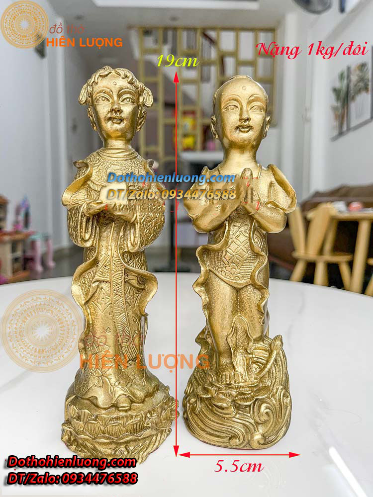 Tượng Tiên Đồng Ngọc Nữ Bằng Đồng Vàng Nguyên Chất Cao 19cm Đẹp Phong Thủy - Đồ Thờ Hiên Lượng