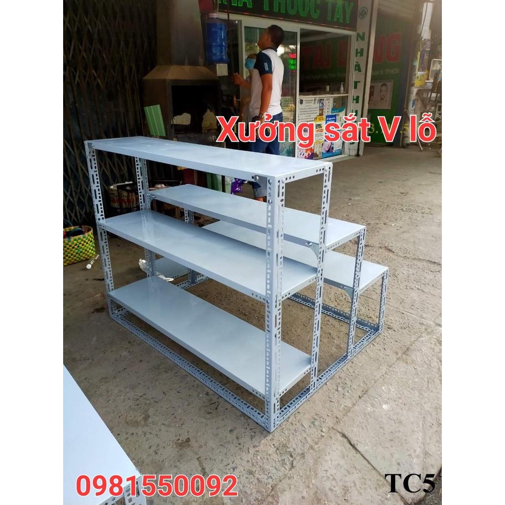 Kệ Sắt V Lỗ 3 Bậc 5 tầng mâm ,KỆ CÓ BÁNH XE ( RỘNG 30cm x Dài từ 60cm đến 150cm),Kệ Sắt mâm dùng sắt V3 và V4 Đa năng