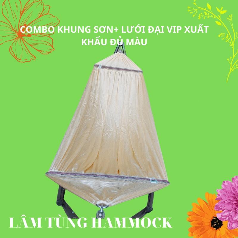 Combo khung võng xếp+lưới võng, khung sơn tĩnh điện màu đen, ống lớn phi 32 , Lưới võng đại vip xuất khẩu cán thép 60cm