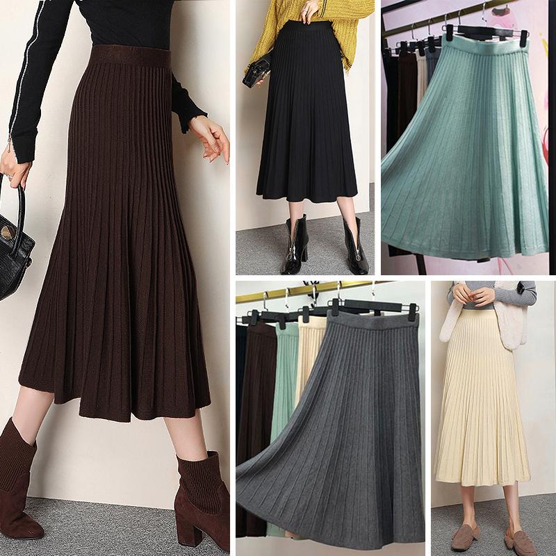 Women Knitted Skirt Solid Color High Waist Ribbed Pleated A-Line Spring Autumn Elegant Vintage Street Wear