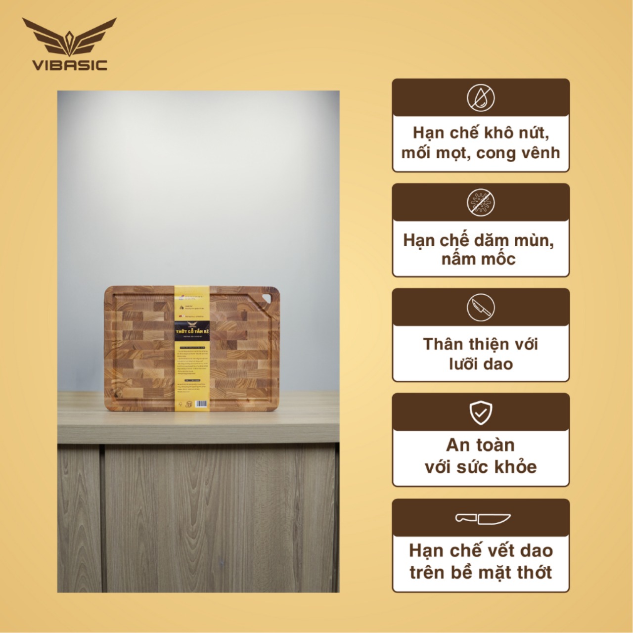 Thớt Tần Bì (Ash wood) Vibasic ghép block, kích thước 350x250x27mm, chuyên thái, có móc treo thớt - Hàng chính hãng Bộ Quốc Phòng