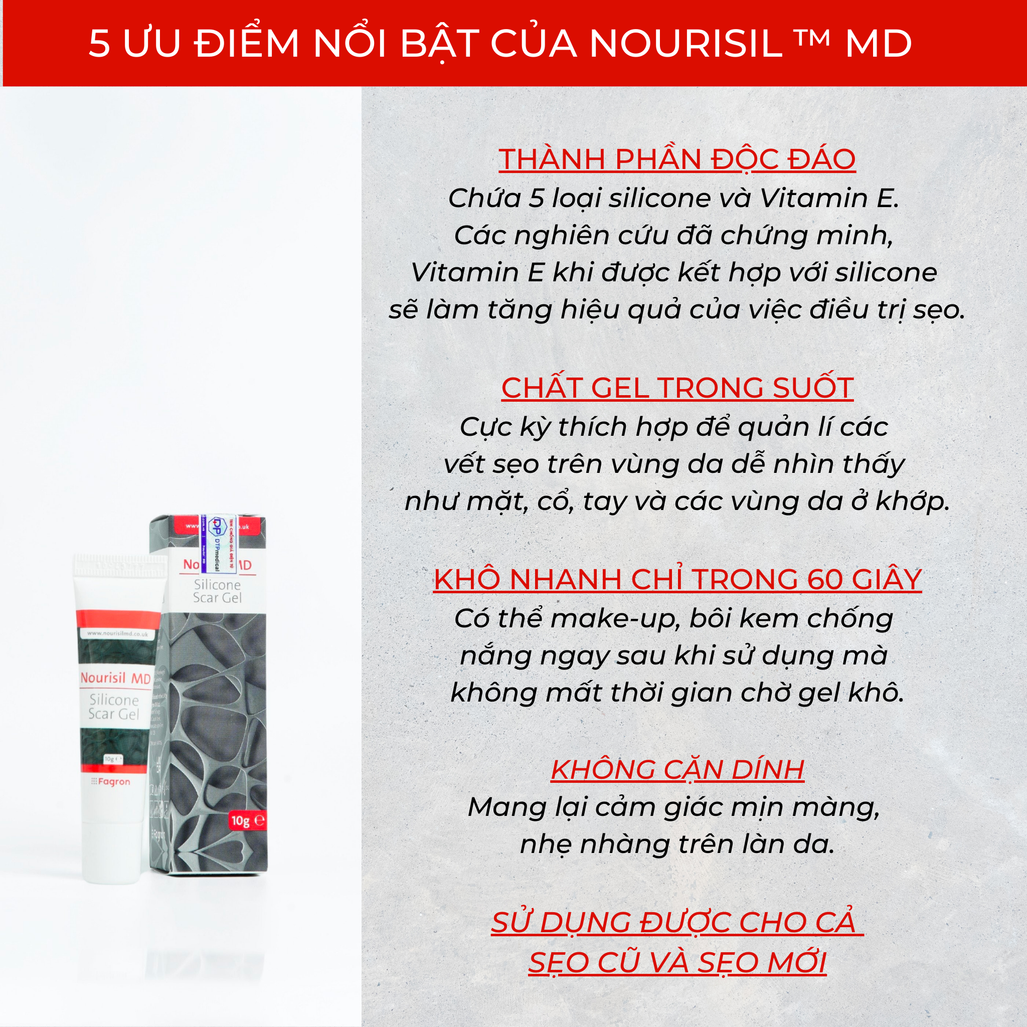 Kem sẹo Nourisil MD cao cấp - Gel sẹo silicone làm mờ và ngăn ngừa sẹo xấu hiệu quả (Chai 10g)