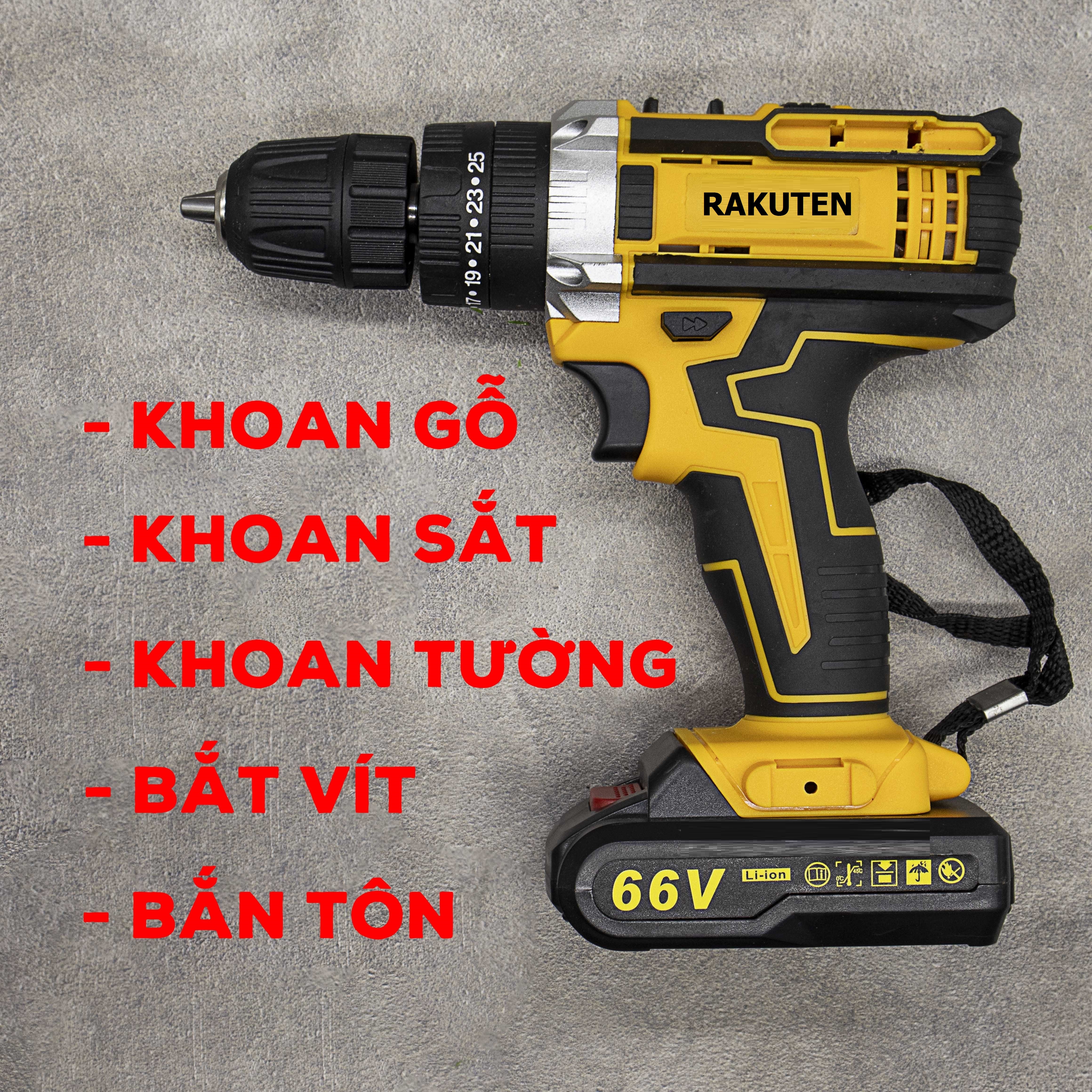 Bộ máy khoan pin RAKUTEN 66V khoan tường, khoan sắt, khoan bê tông máy 2 pin, đảo chiều và mũi khoan