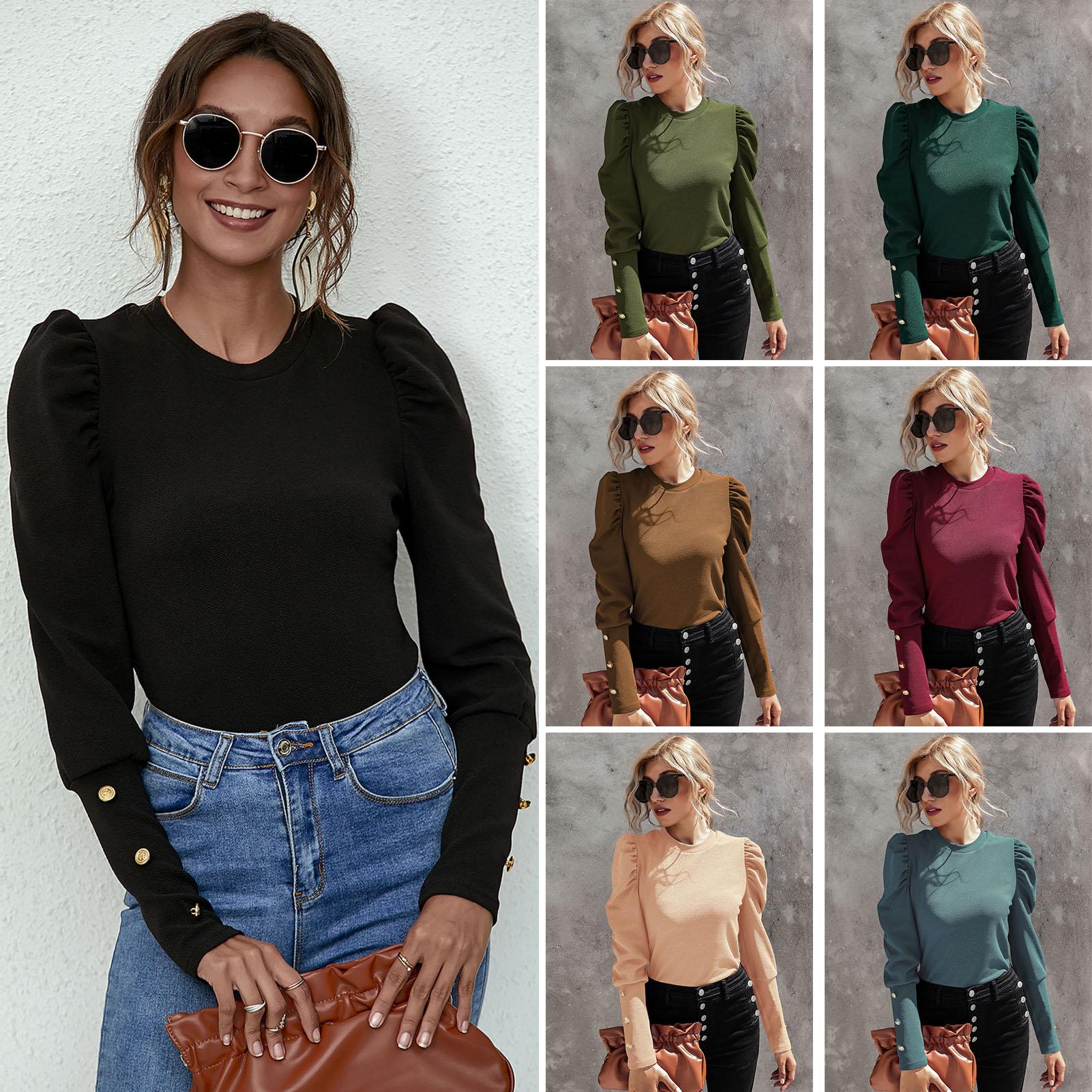 Women Puff Long Sleeve Shirt Button Round Neck Pullover Slim Fit Solid Tops
